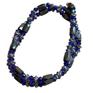 Vintage 20" Magnetic Hematite Bead Wrap Necklace Bracelet Black Bright Blue